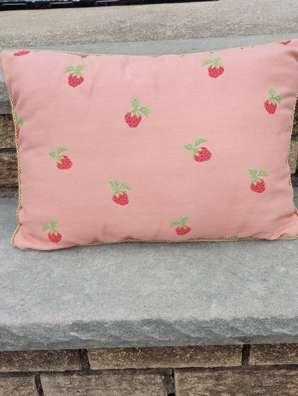 "Berry Patch" Embroidered Strawberry Toss Pillow. Pink/Peach, Red & Green